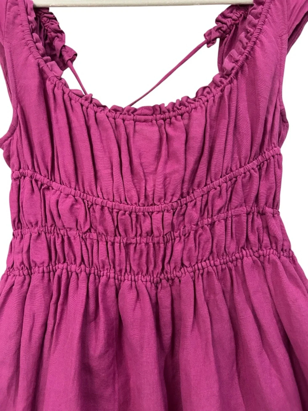 Anthropologie Raspberry Linen Smocked Waist Mini Dress Open Back Tie Size Small
